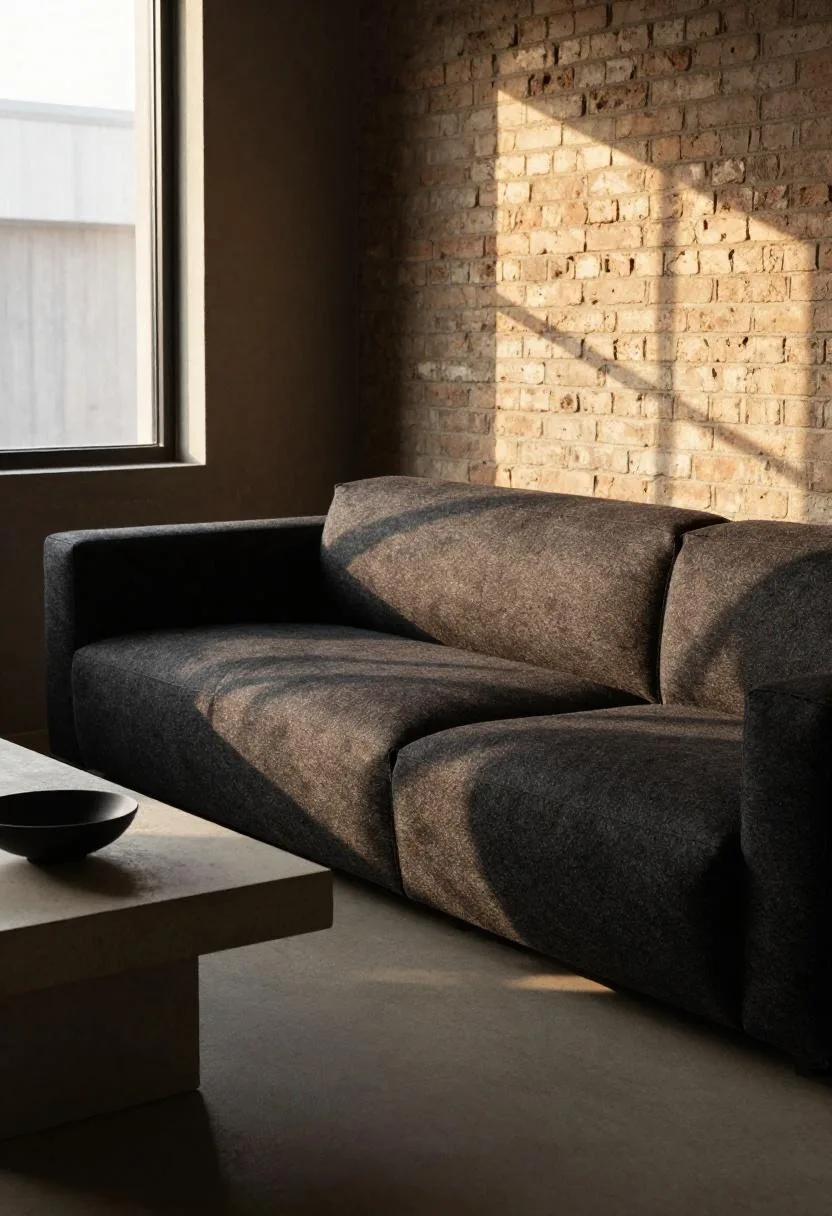 Dark charcoal wool sectional with a concrete side table against an exposed brick wall