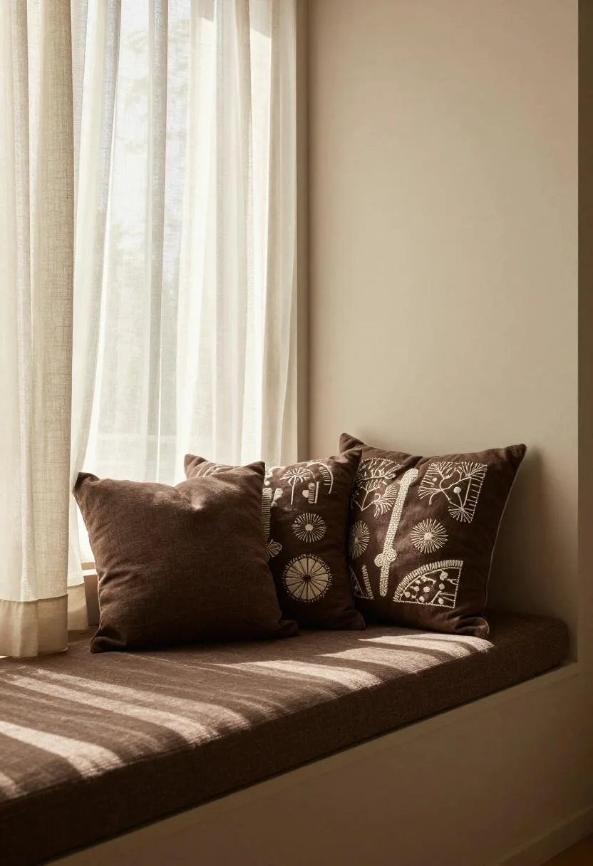 Chocolate linen window seat piled with embroidered cushions and a sheer linen curtain filtering soft morning light