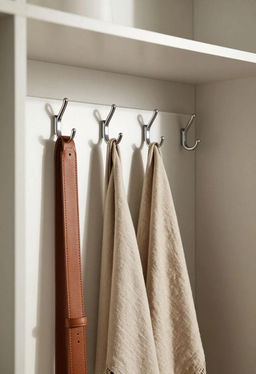 Chrome hooks mounted on the interior of a closet door holding a leather belt and a folded khaki linen scarf