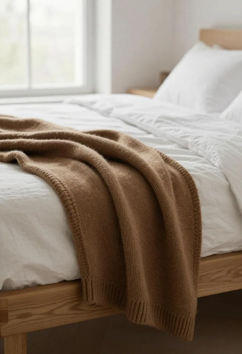 Chunky merino wool throw casually draped over an oak bench at the foot of the bed