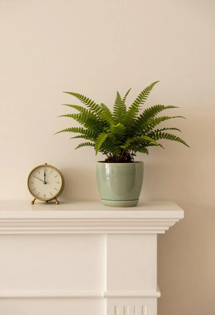 Classic spring mantel with sage green fern planter and vintage brass clock displayed on white painted brick fireplace