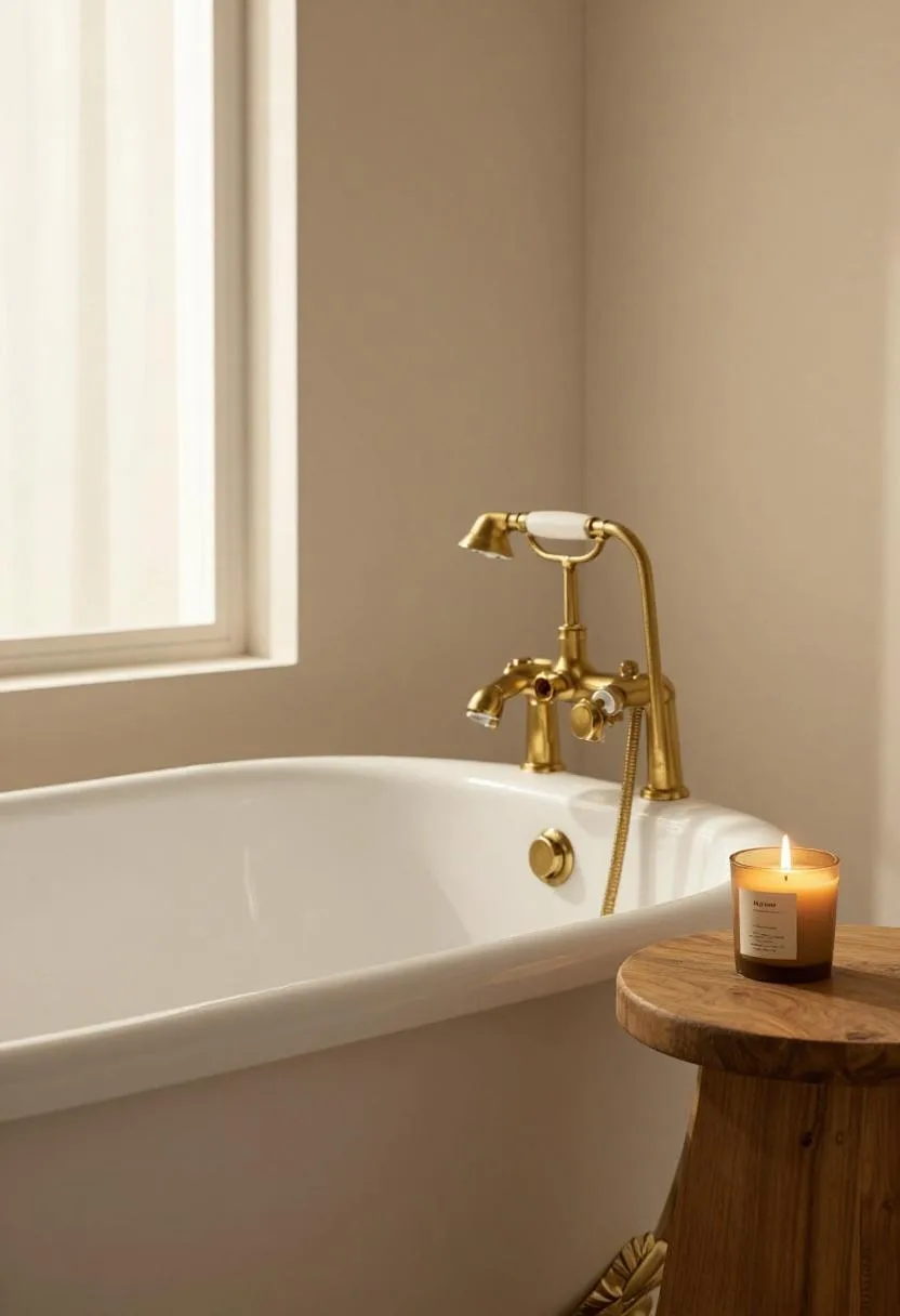 Clawfoot bathtub with polished brass faucet fixtures and a simple oak side table positioned beside it in warm morning light