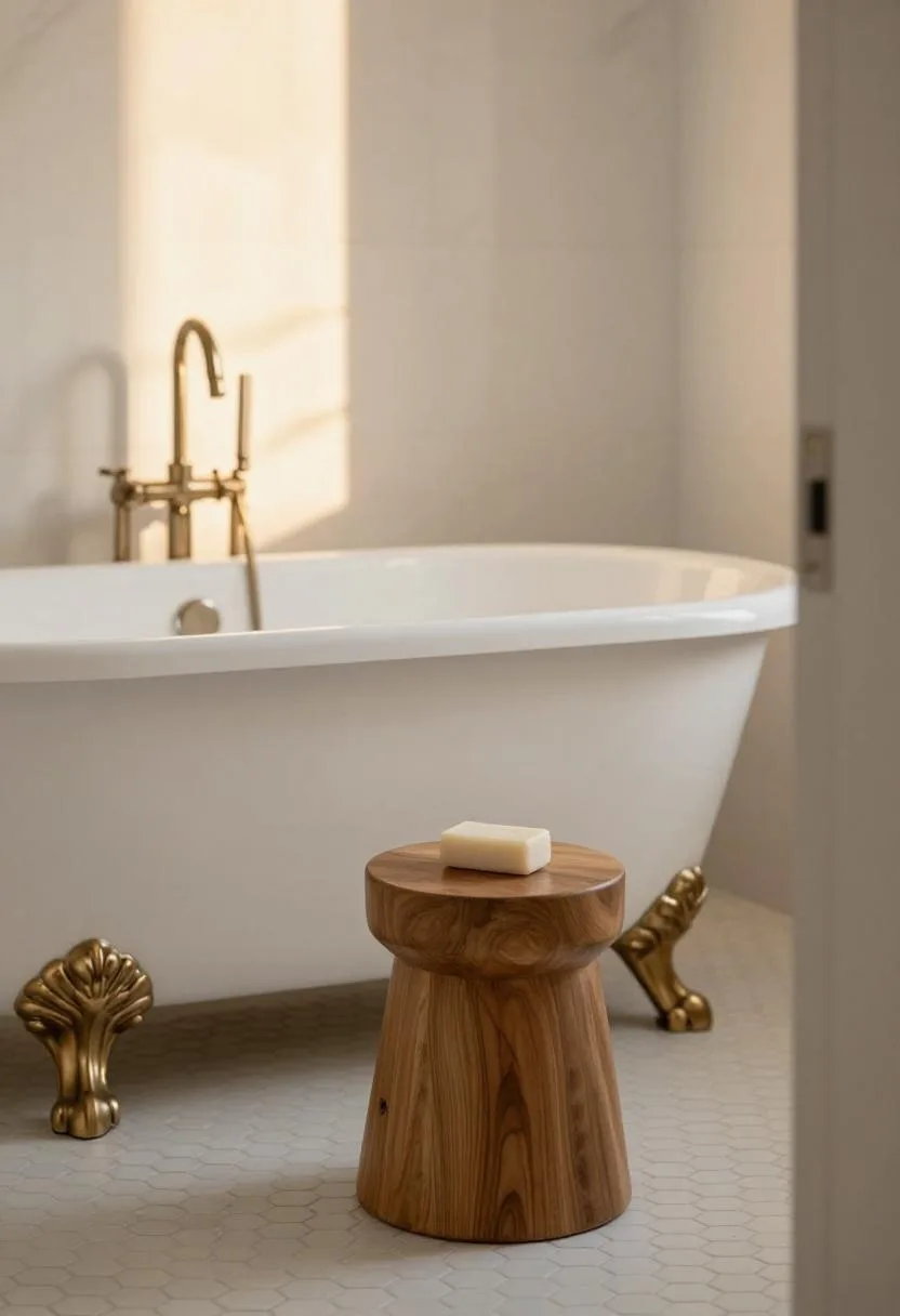 Clawfoot tub with bronze claw feet standing on hex tile floor, walnut stool and soap bar beside it in golden hour light