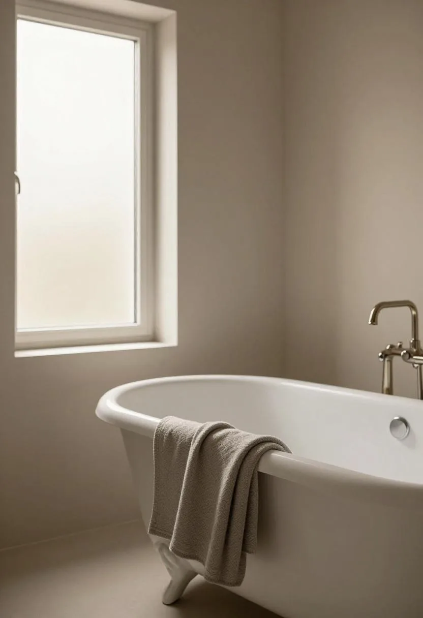 White clawfoot tub with a warm gray wool blanket draped over the rim, facing a frosted sash window in diffused daylight
