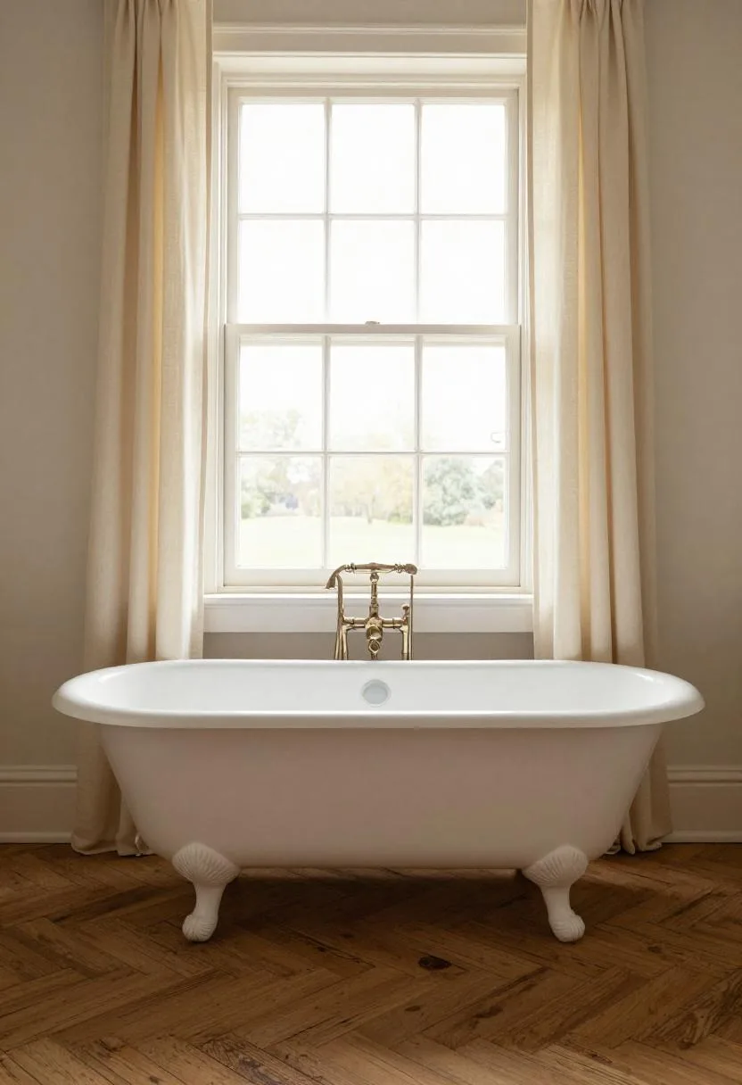 White clawfoot tub sitting on herringbone oak floors framed by cream curtains in early morning light