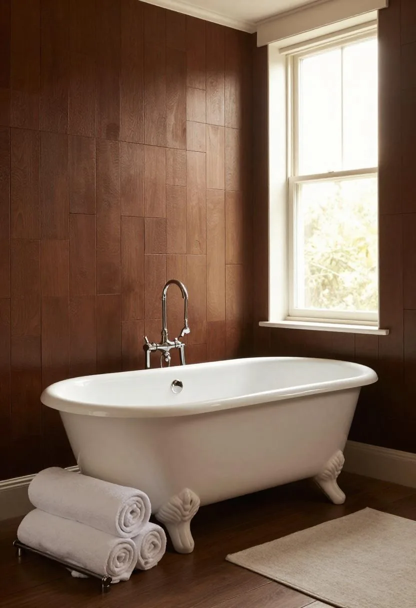 Freestanding clawfoot tub against deep umber shiplap walls in golden hour light