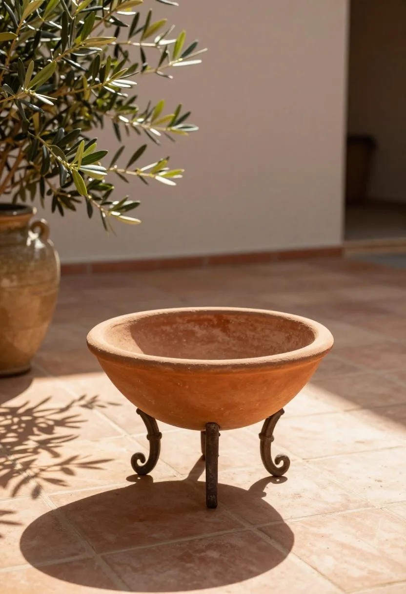 Clay fire bowl on wrought iron beside a glazed olive urn on a Mediterranean terracotta patio