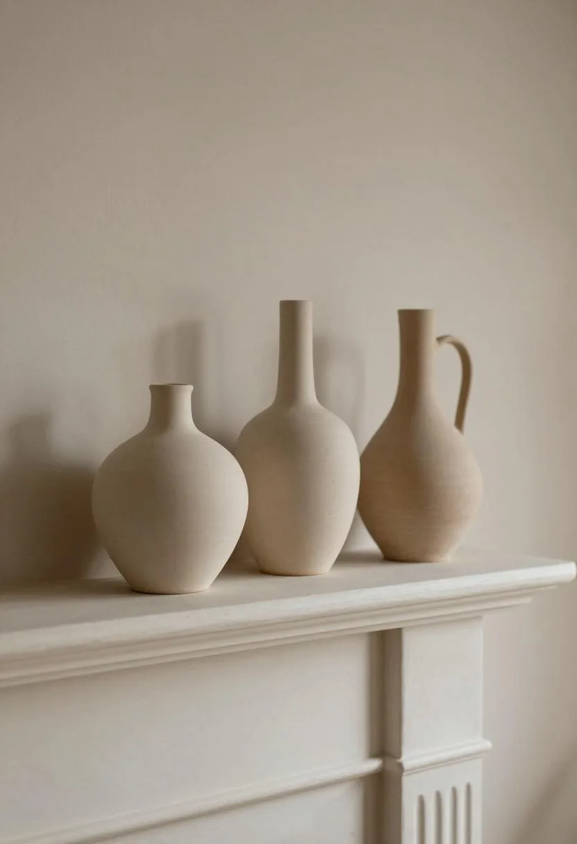 Clay plaster fireplace mantel styled with hand-thrown cream and sand ceramic vessels of varying heights