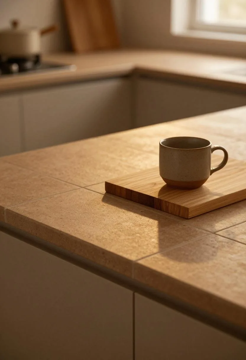 Warm brown clay tile kitchen counter with a hinoki cutting board showing careful material selection in a Japandi kitchen