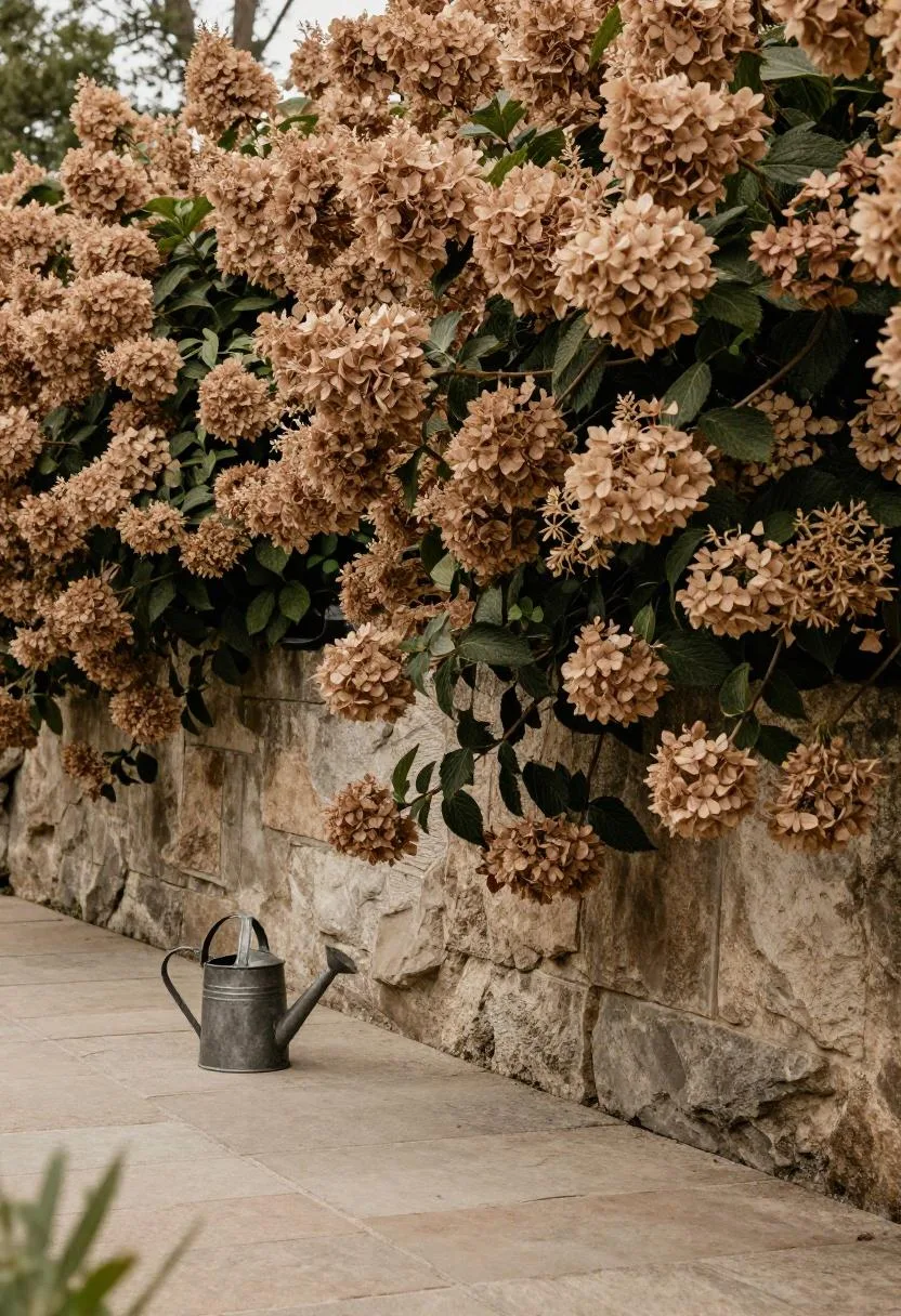 Climbing hydrangea with warm taupe blooms draping a limestone garden wall in soft overcast midday light