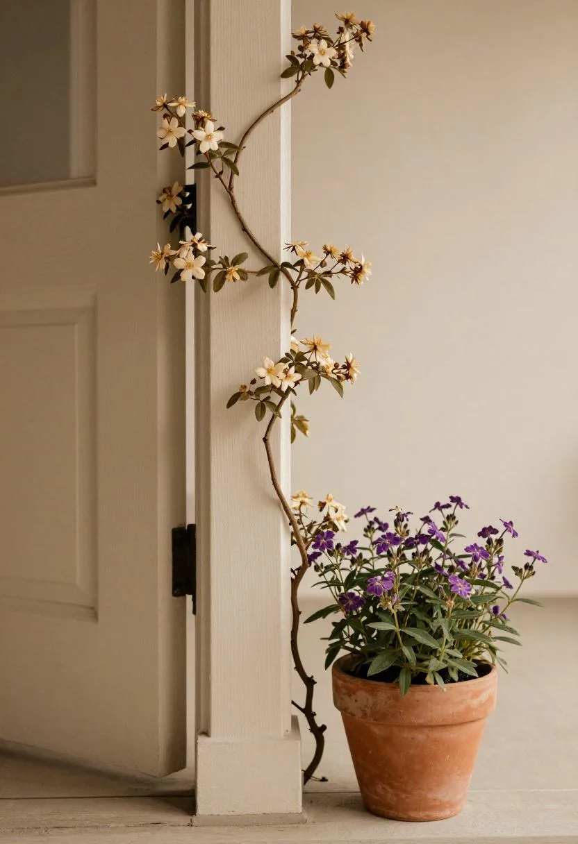 Climbing jasmine with aged taupe blooms wrapping a cottage porch post beside a terracotta pot of lobelia in morning light