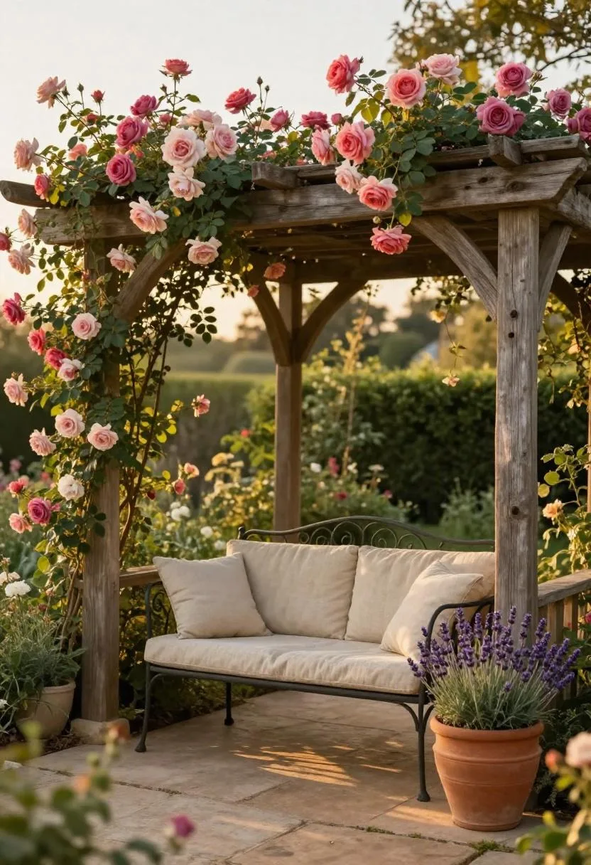Climbing-rose cedar pergola with beige loveseat and lavender planter in a cottage garden at golden hour