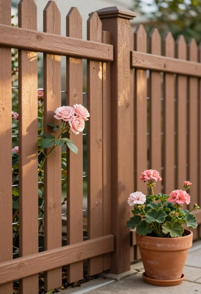 Climbing roses spilling over a sienna-painted fence trellis beside a terracotta pot of geraniums in morning light