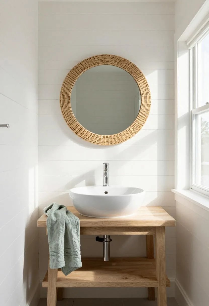 Coastal-style bathroom with a round seagrass mirror above a white porcelain sink and a sage linen towel in soft morning light