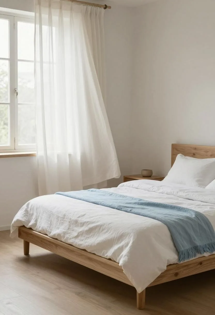 Low pine platform bed with pale blue cotton throw in breezy morning light