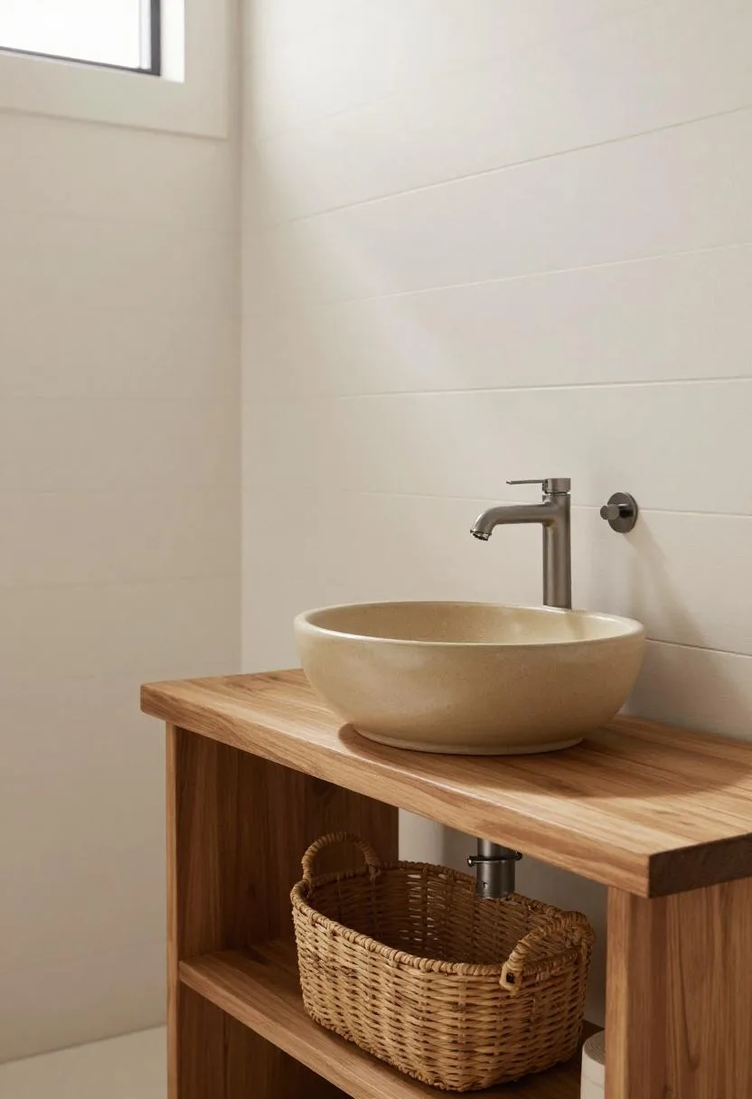 Coastal powder room with a sand-glazed ceramic basin sink on a driftwood console and seagrass basket below