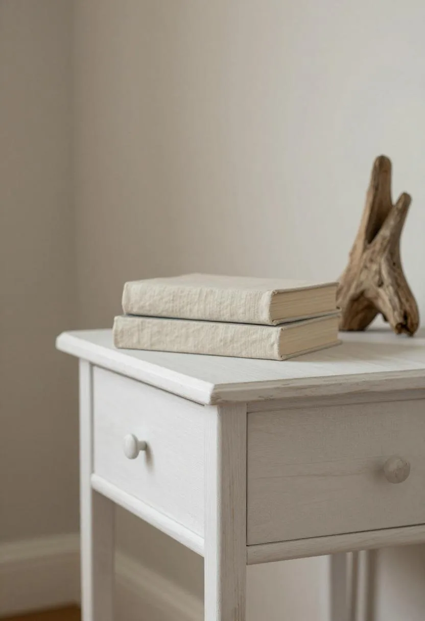 Coastal whitewashed pine nightstand with linen-covered books and driftwood accent in soft light