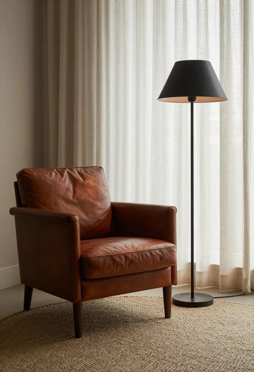 Cognac leather armchair with a cast iron floor lamp beside it on a braided wool rug