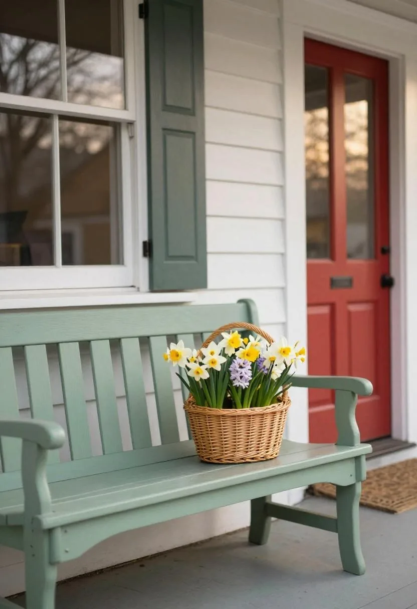 Colonial porch with a sage green bench and spring flower basket beside a red front door
