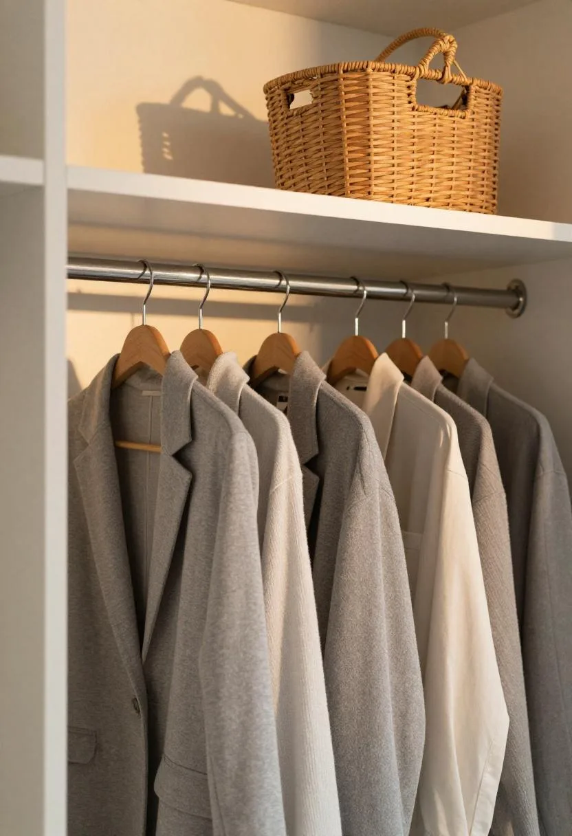 Color-organized closet rod with garments arranged in a gradient from light to medium gray