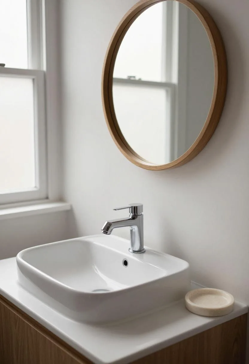 Compact bathroom vanity with wall-hung ceramic basin and round oak-framed mirror