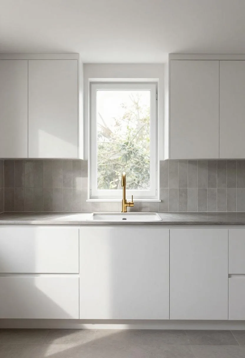 Compact galley kitchen with white cabinetry and warm greige ceramic tile backsplash