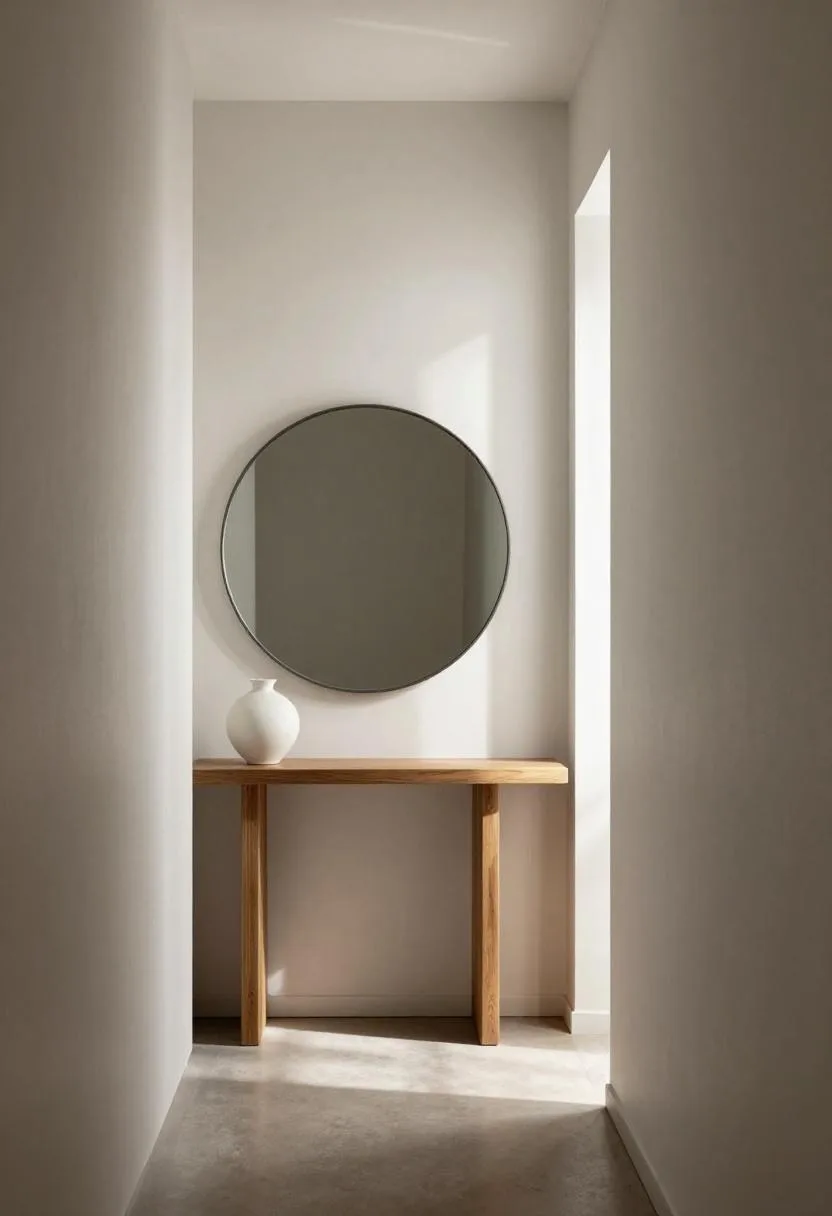 Compact hallway with charcoal-framed leaning mirror and slim oak console table creating visual depth
