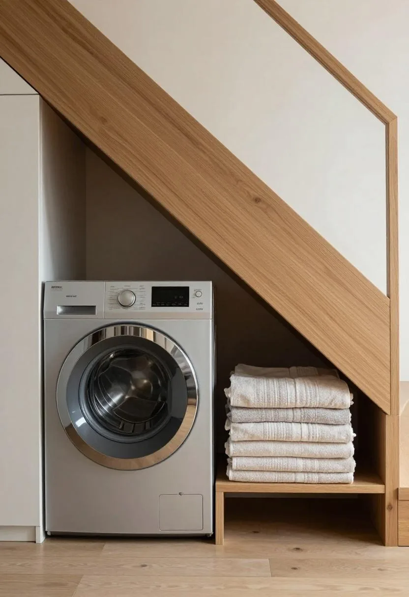Compact laundry station fitted beneath a staircase with a washer and an oak shelf above holding neatly folded linens