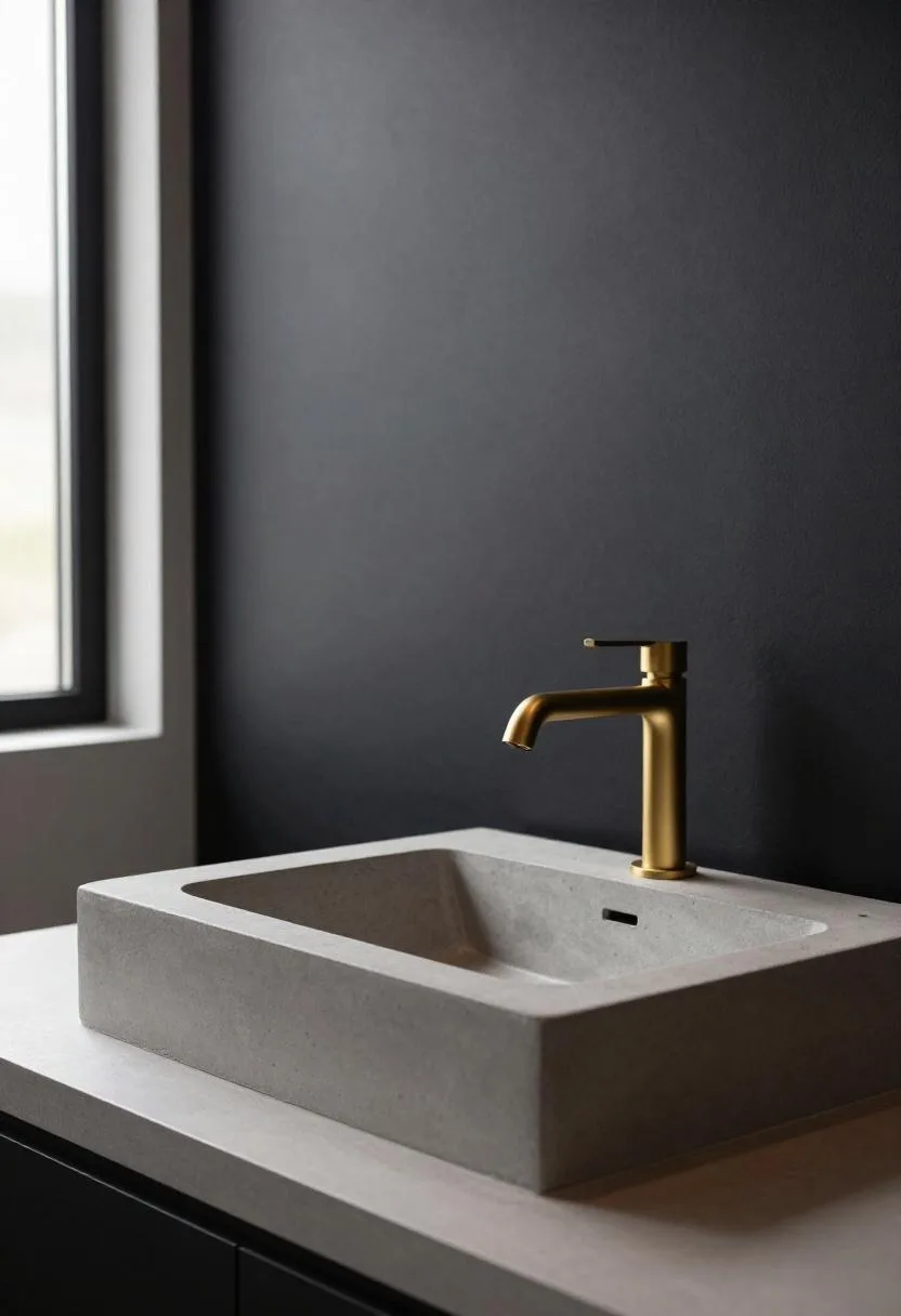 Floating concrete basin sink against a near-black lacquered wall with brushed gold faucet