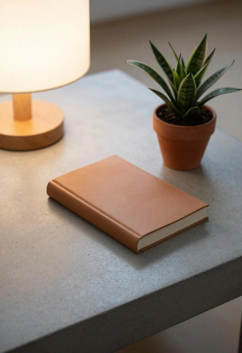 Concrete bedside surface with leather-bound book and terracotta snake plant pot in warm lamplight