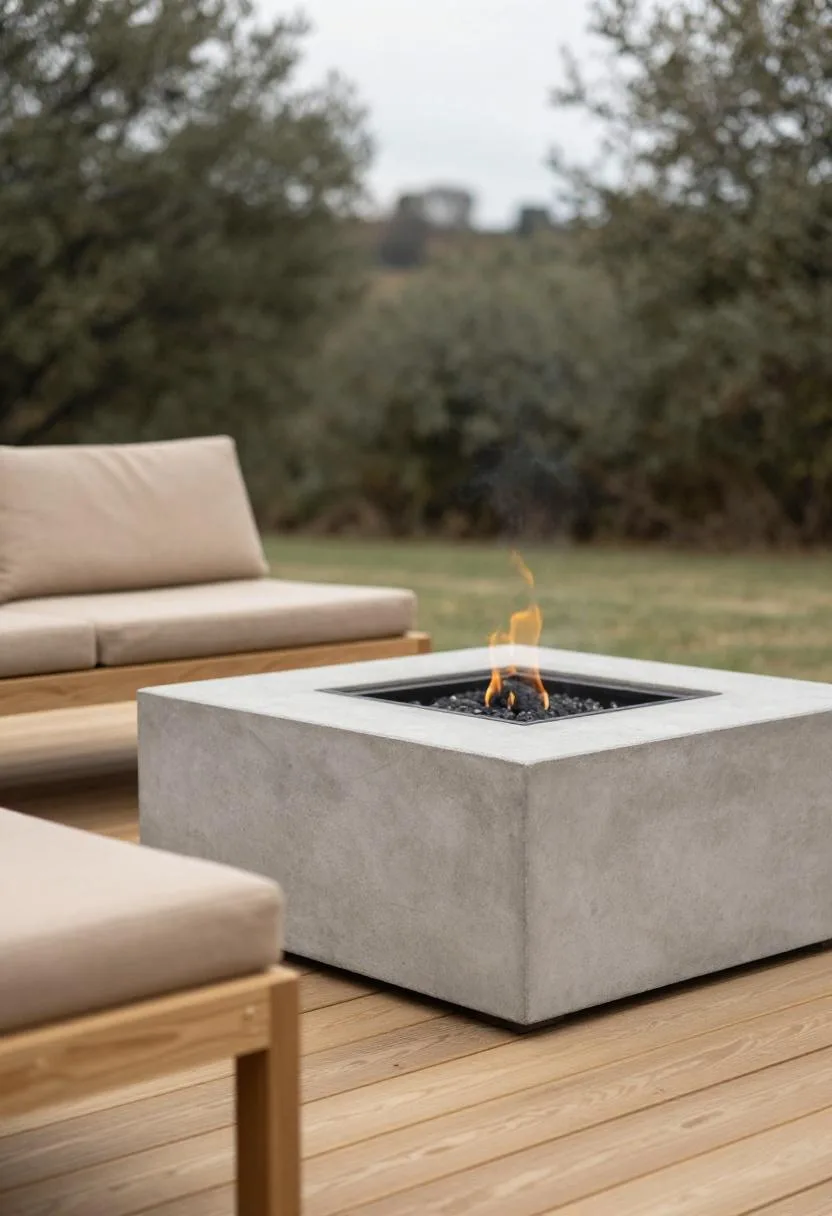Clean concrete fire pit paired with a tan-cushioned cedar bench on a contemporary deck