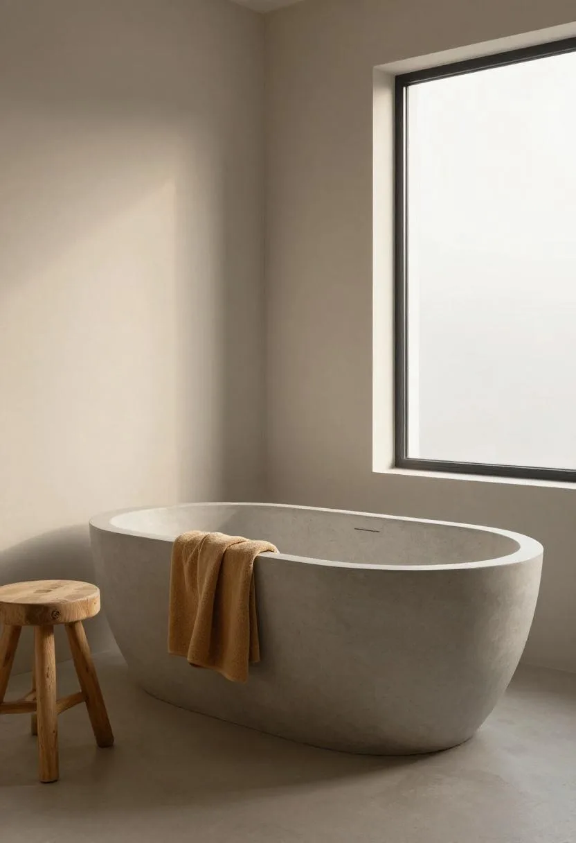Interior design - concrete freestanding tub teak stool morning light