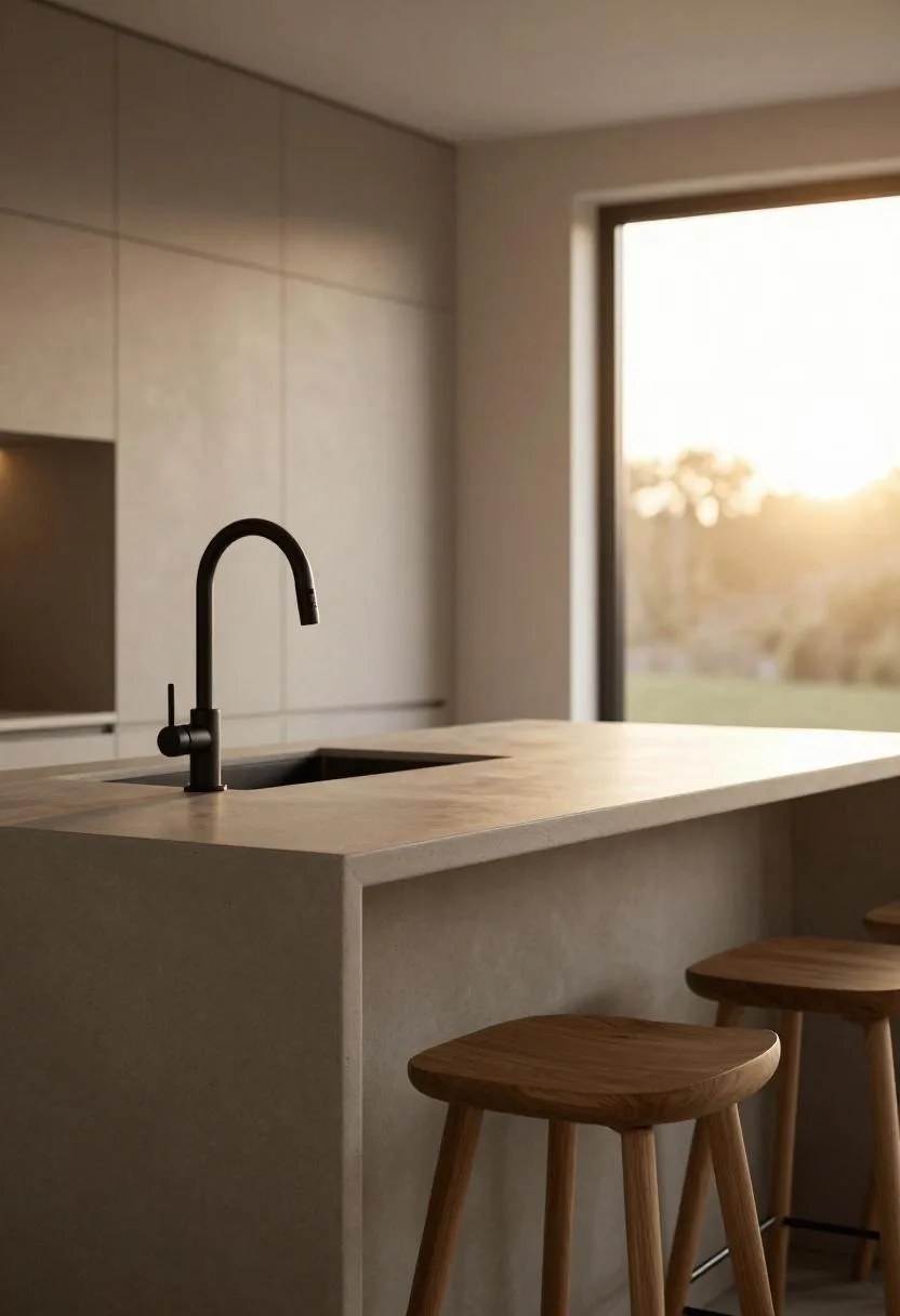 Warm gray concrete kitchen island with ash wood bar stools glowing in golden hour evening light