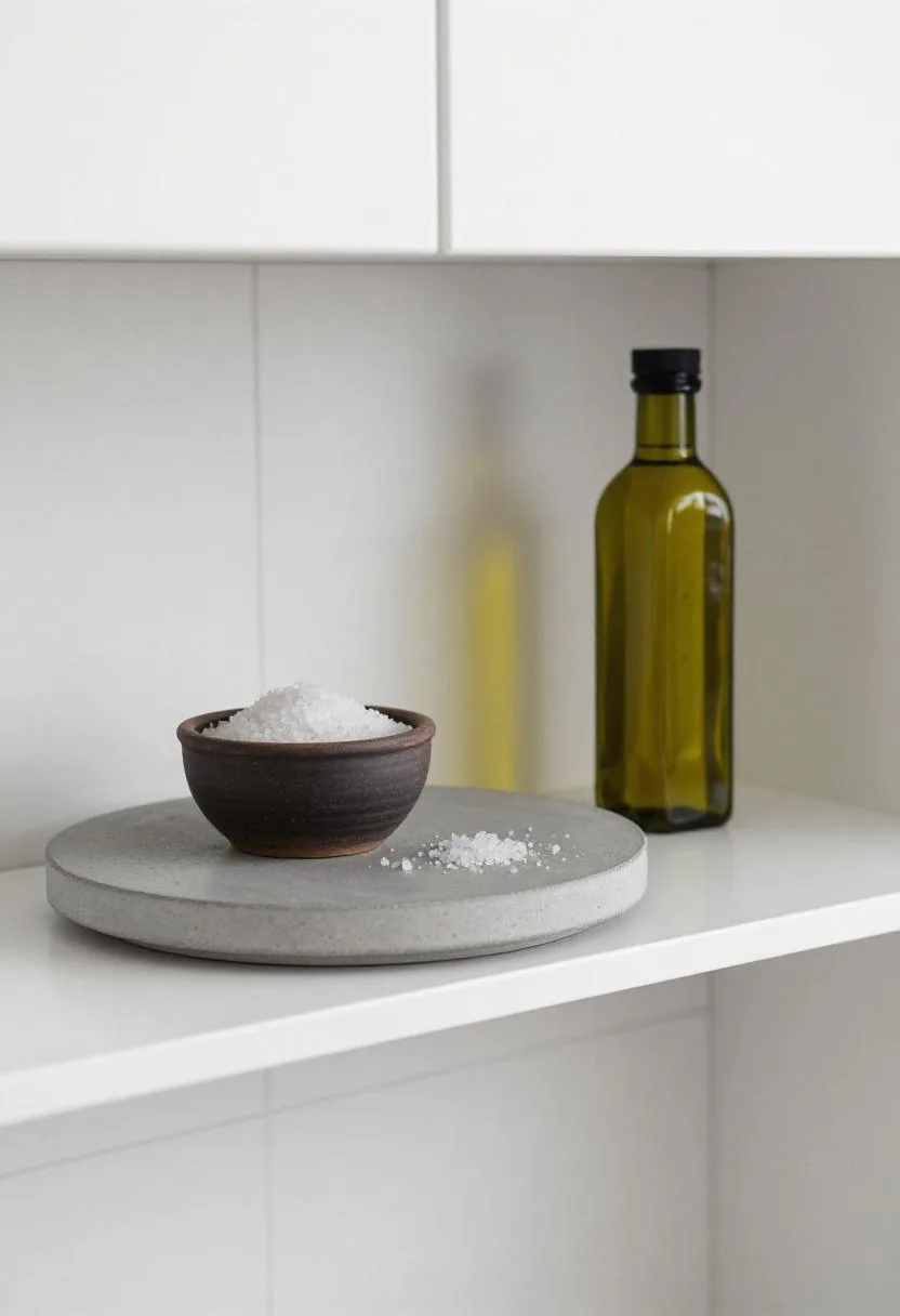 Concrete lazy susan on a pantry shelf displaying a salt cellar and olive oil bottle within easy reach