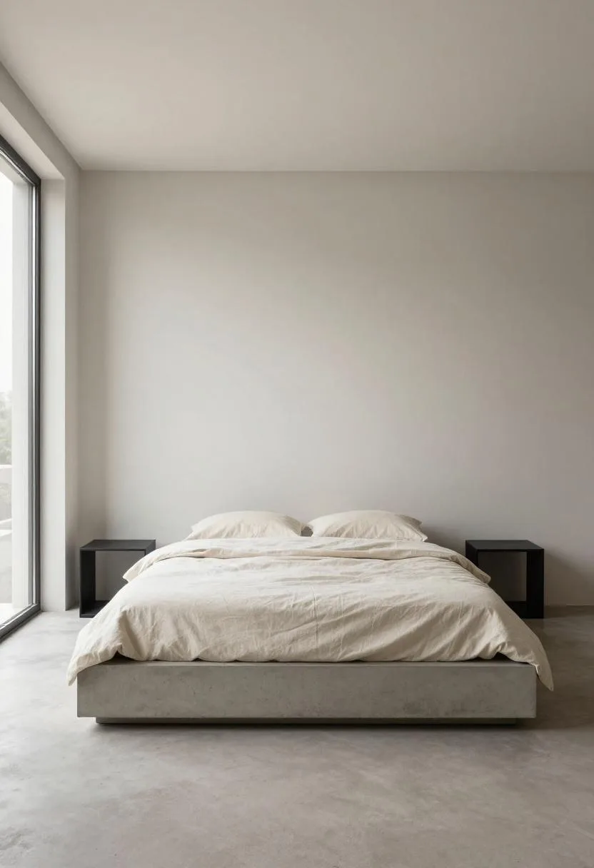 Concrete platform bed with cream linen bedding and black metal side tables in diffused daylight