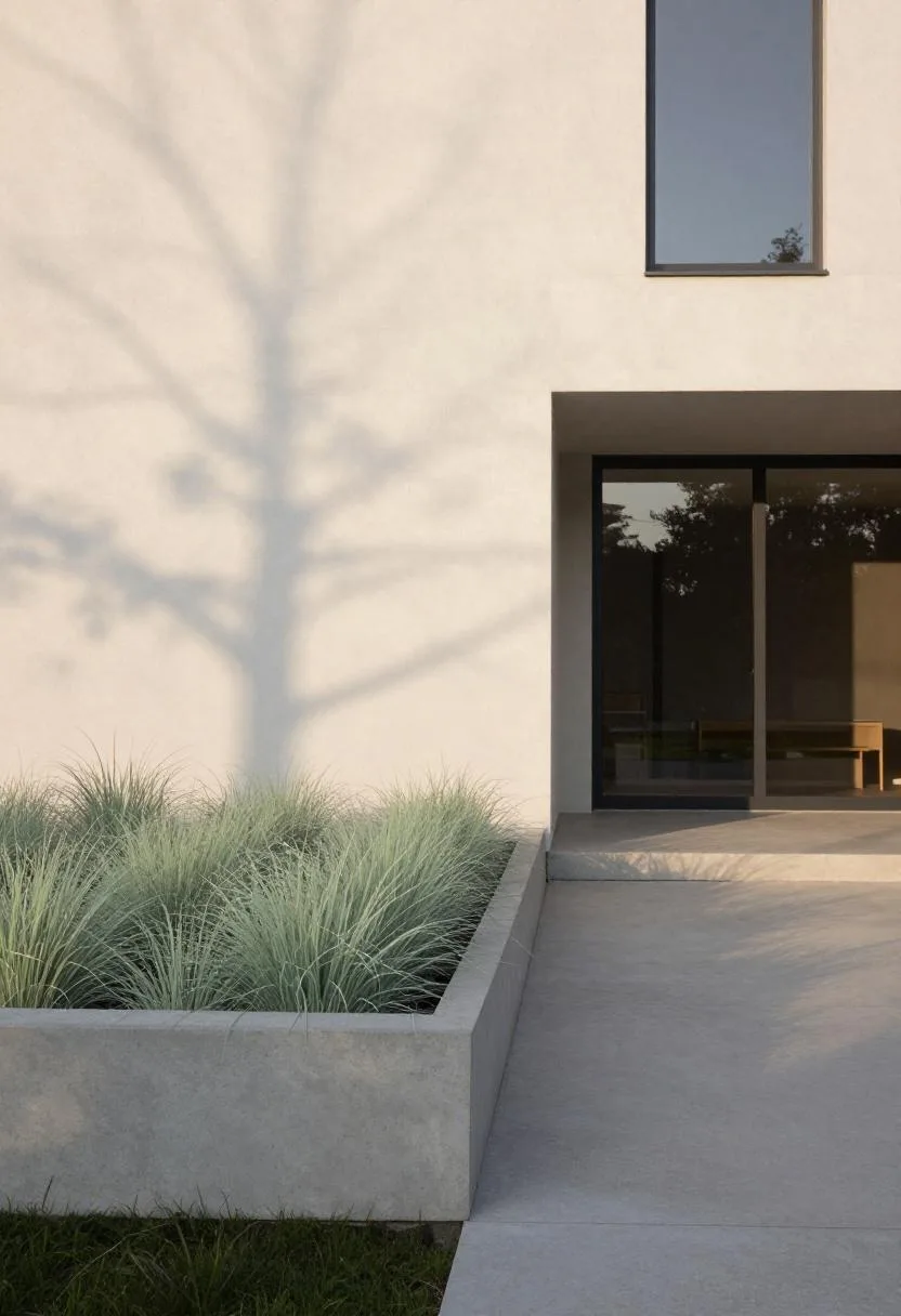 Concrete-edged sedge grass bed in pale sage lining the foundation of a Scandinavian minimalist house