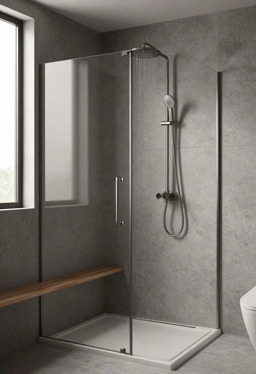 Walk-in shower with charcoal concrete tile, gunmetal rainfall head, and teak bench