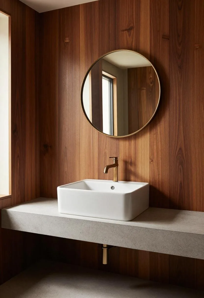 Floating concrete vanity shelf with a white ceramic sink against full dark walnut wood-paneled bathroom walls