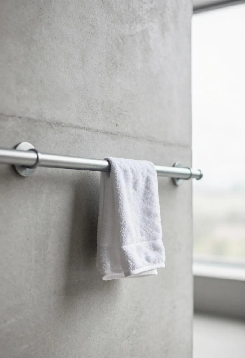 Raw concrete wall with exposed galvanized pipe and steel towel ring holding a white cotton towel