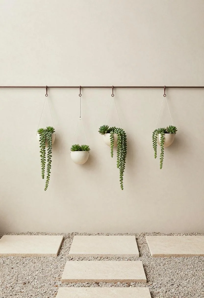 Cream concrete wall with iron rod planters holding trailing string-of-pearls in a clean minimalist patio setting