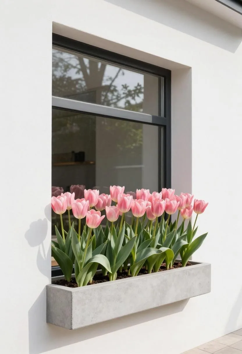 Concrete windowsill planter of peach tulips under a steel-framed modern exterior window