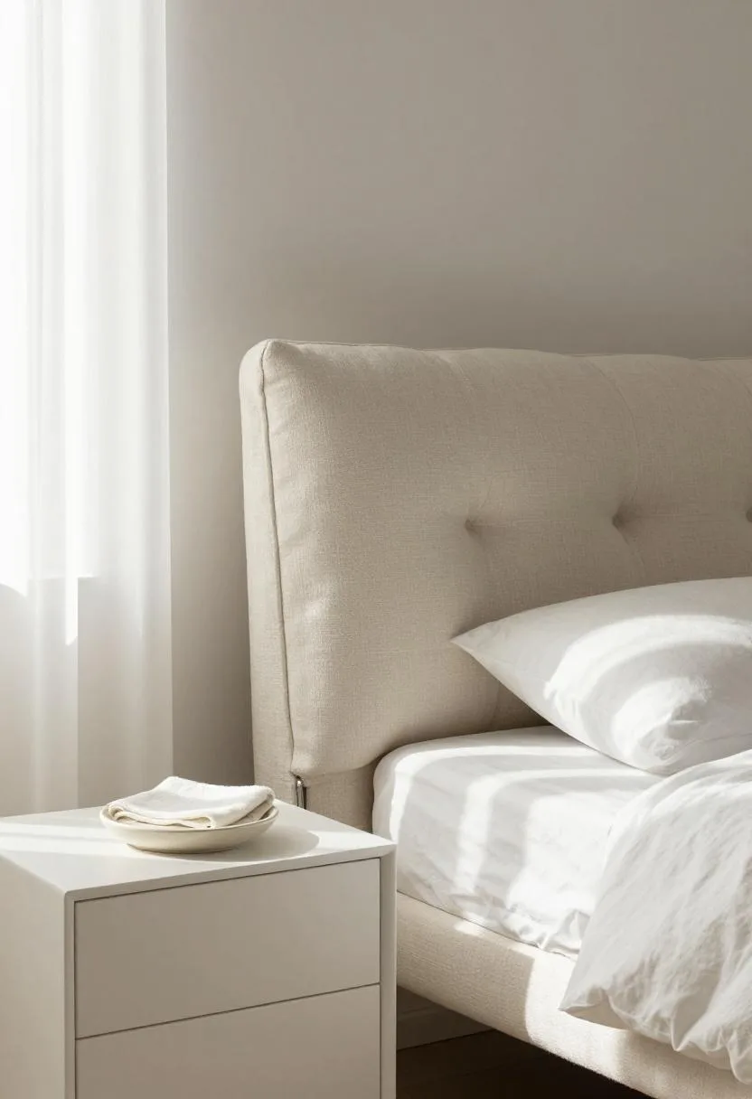 Contemporary ivory bedroom with white oak nightstand and cream ceramic dish in morning light