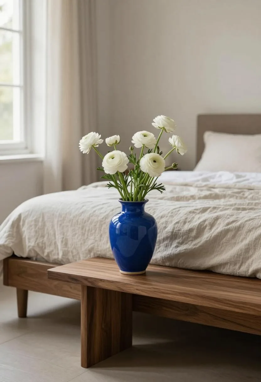 Cool blue bedroom with white ranunculus in a cobalt blue ceramic vase on a walnut shelf