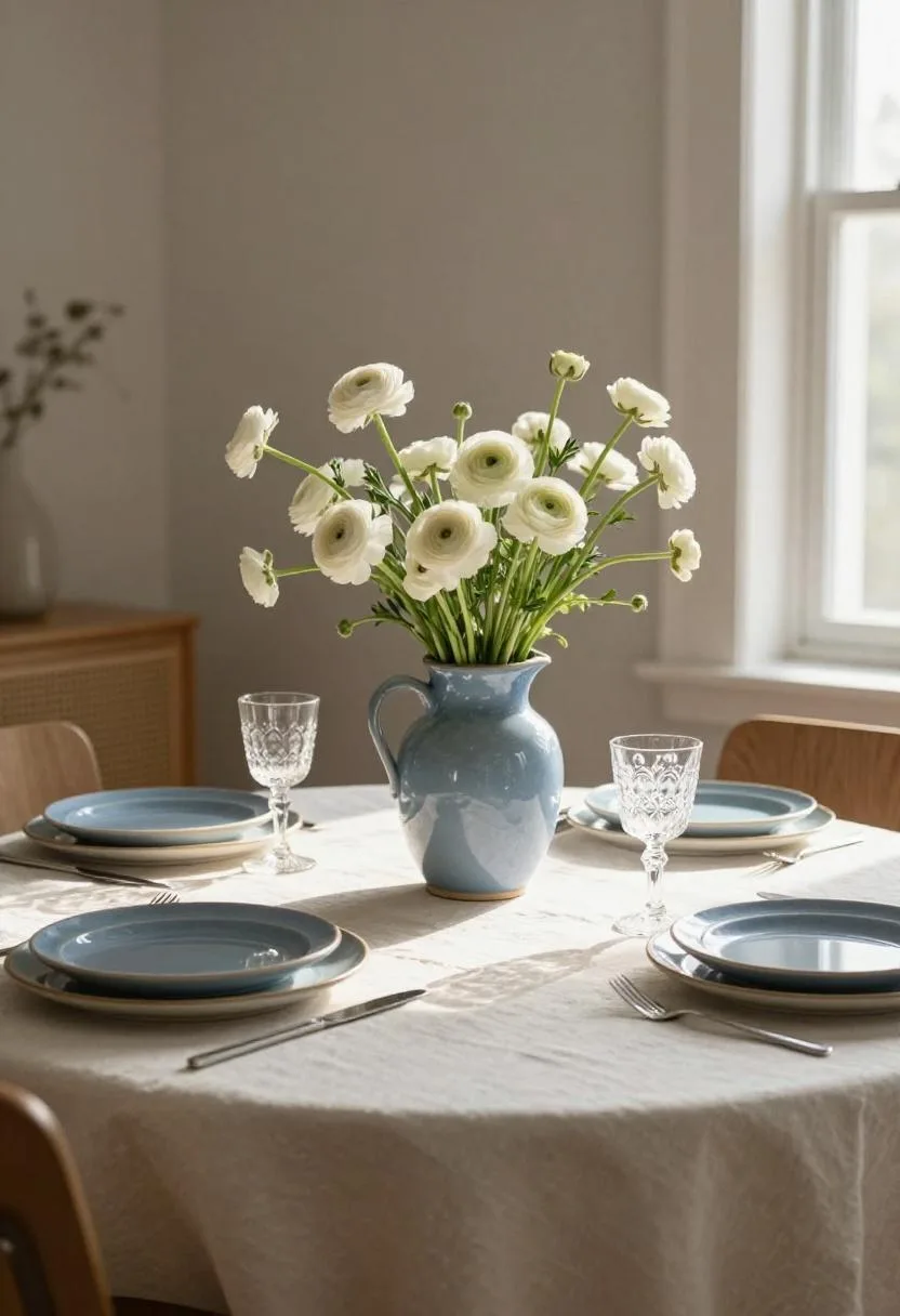 Cool Blue Easter brunch table with glazed stoneware pitcher, slate-blue plates, and vintage pressed-glass goblets