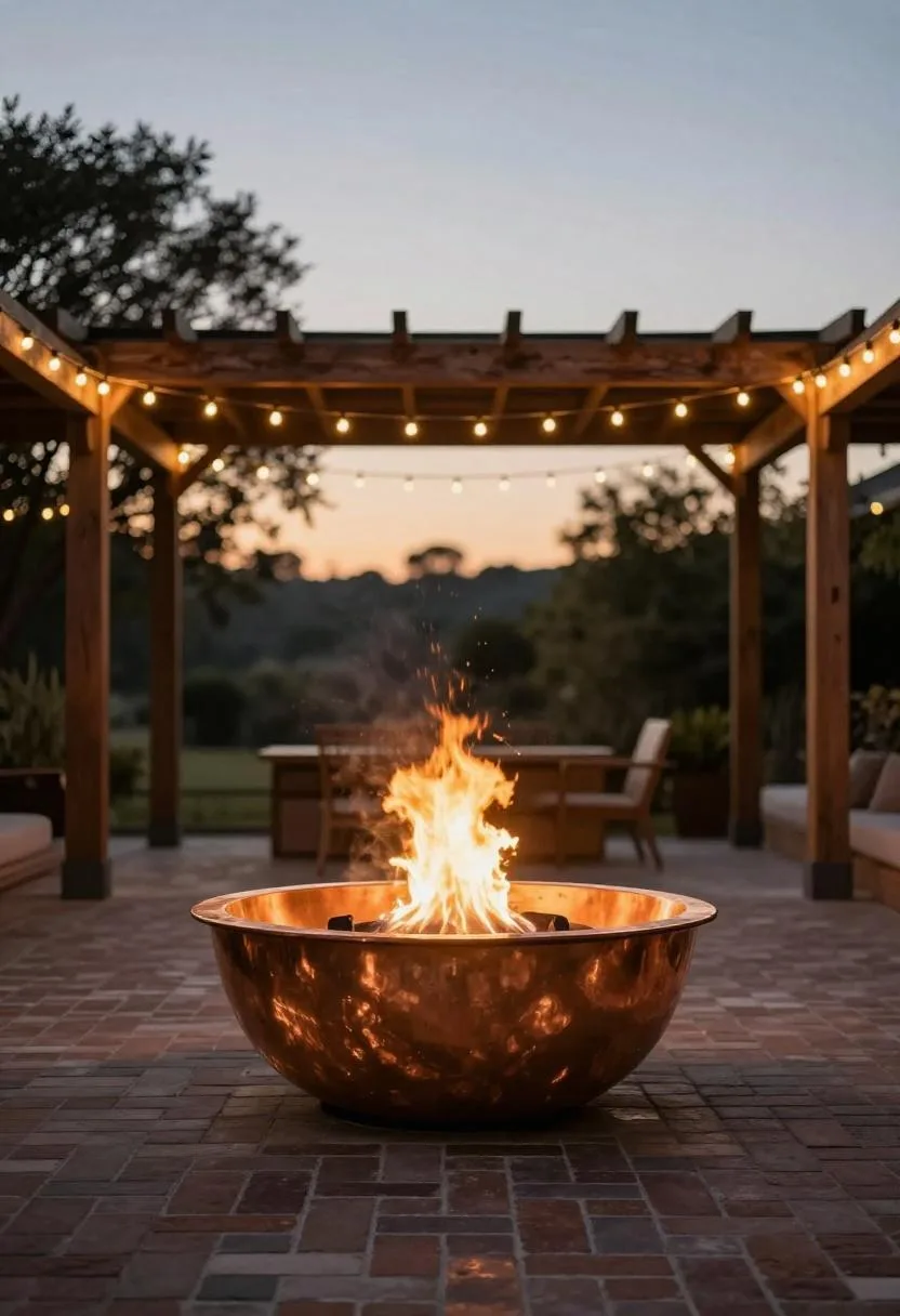 Copper fire bowl glowing beneath amber string lights on a brick patio framed by a cedar pergola