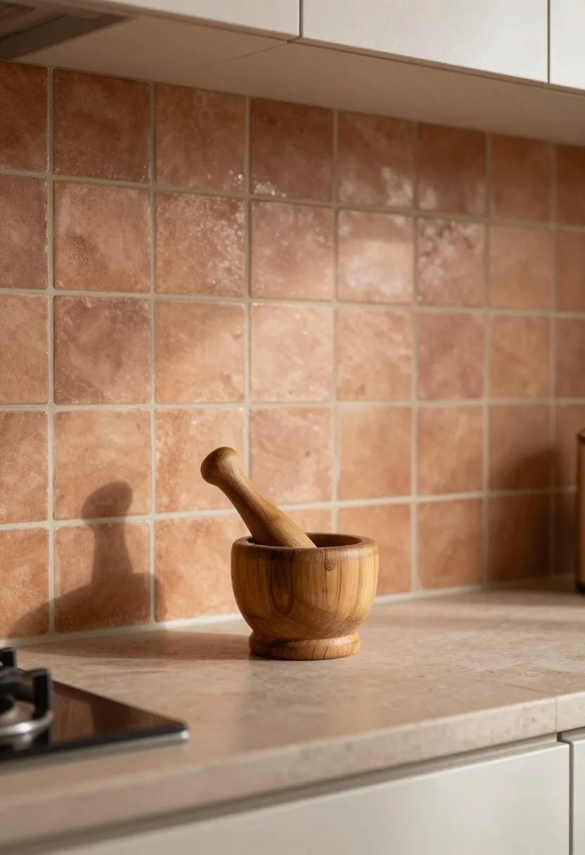 Copper-glazed terracotta backsplash tile above stone counter with olive wood mortar and pestle