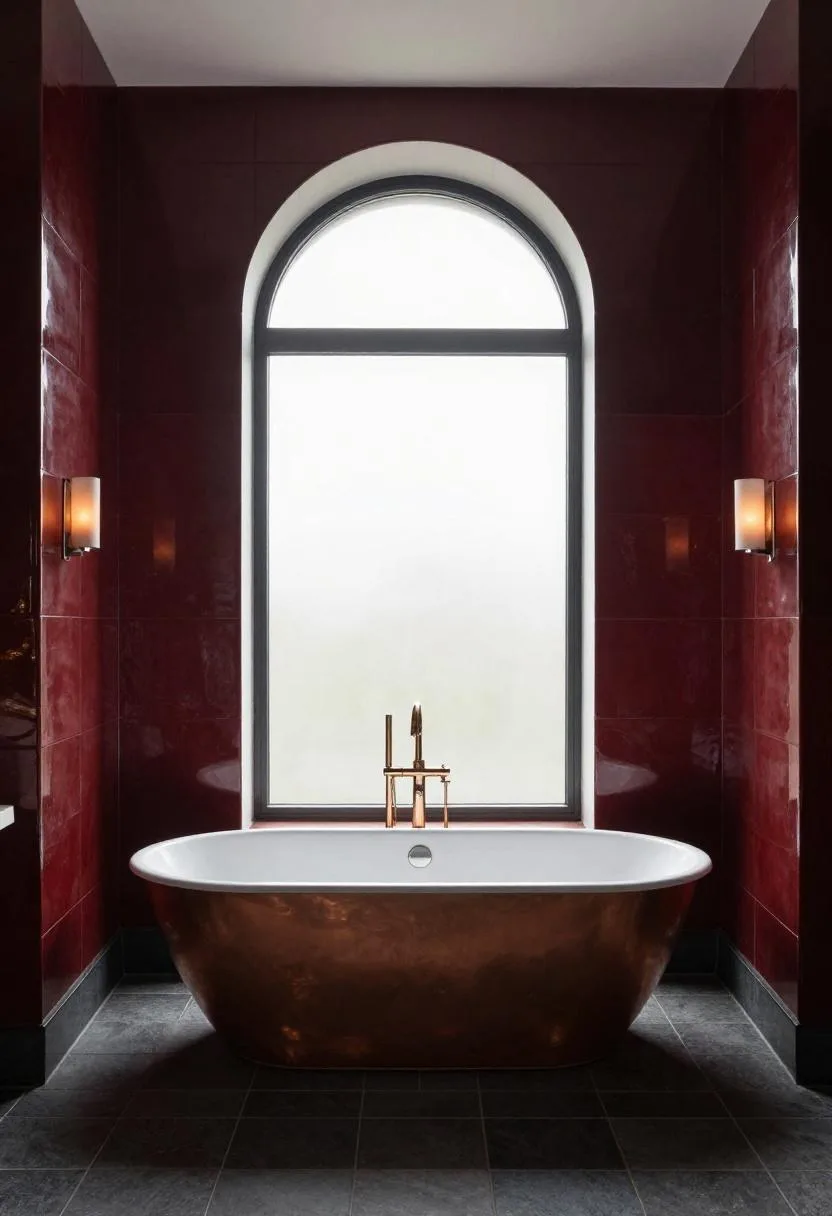 Freestanding copper soaking tub flanked by deep crimson ceramic wall sconces beneath a large arched window