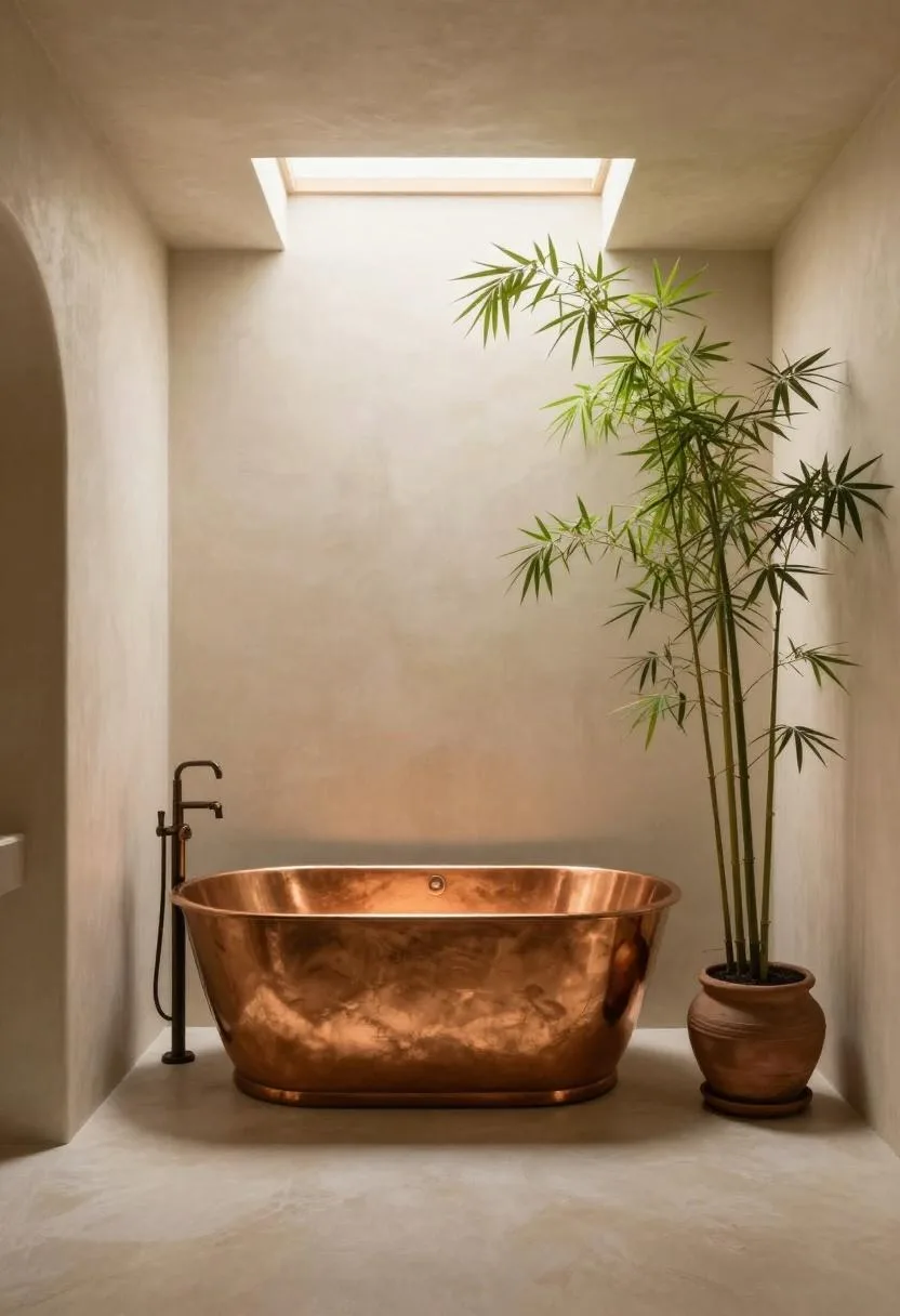 Copper soaking tub under a skylight flanked by a bamboo plant against warm cream walls in a bohemian bathroom