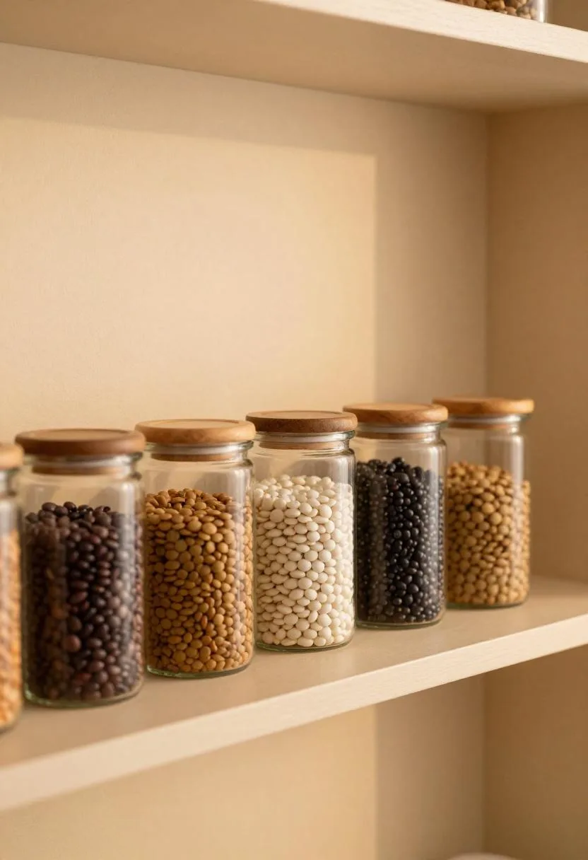 Corner pantry shelf with a row of glass jars storing colorful dried legumes including lentils and beans