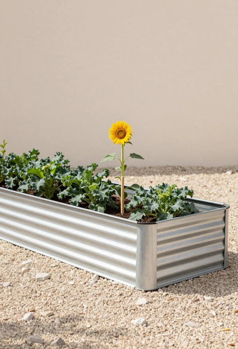 Corrugated iron raised bed with walnut top rail, kale, and a staked sunflower at midday
